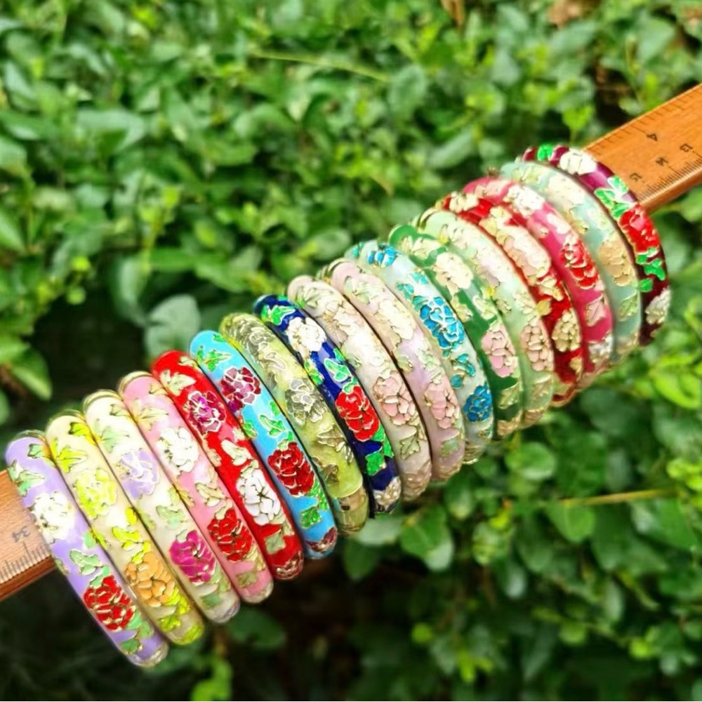 Set Of 4 Vintage Cloisonné Floral Bangle Bracelet - Multicolor
